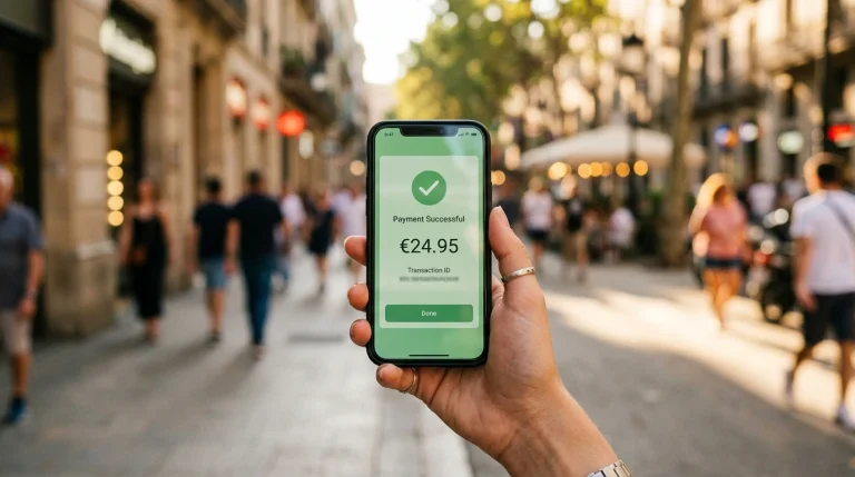 Hånd som holder en smarttelefon med en betalingsapp åpen, utendørs med uskarp bakgrunn