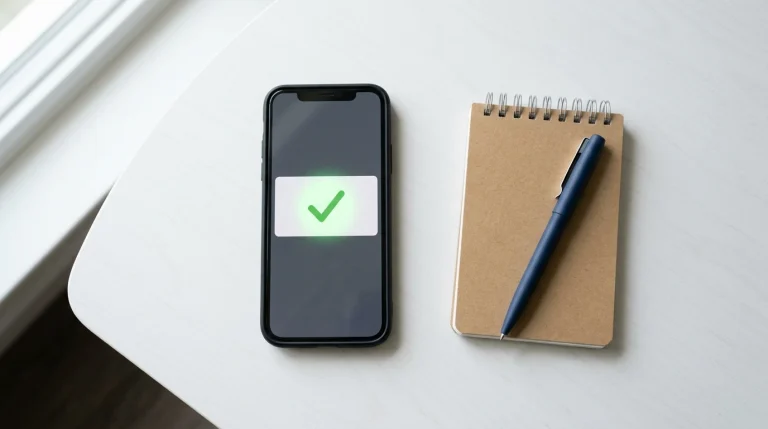 Smarttelefon som viser en bonusmelding på skjermen, liggende på et skrivebord ved siden av en notatbok