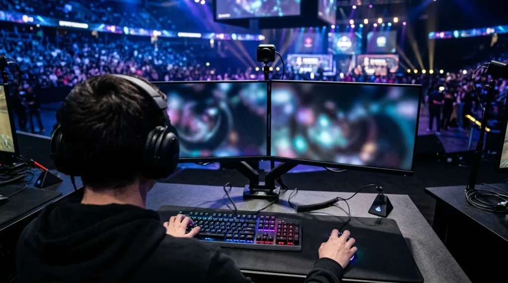 Esportarena med gamingskjermer og tastaturer på en turnering sett fra spillerplass