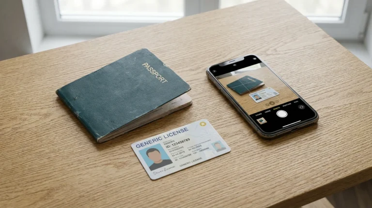 Pass og førerkort liggende på et bord ved siden av en smarttelefon med kamera aktivert