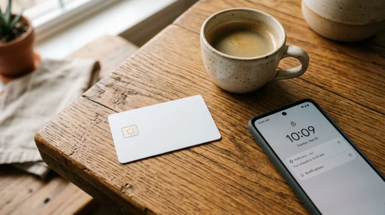 Prepaid betalingskort liggende på et trebord ved siden av en smarttelefon og en kaffekopp
