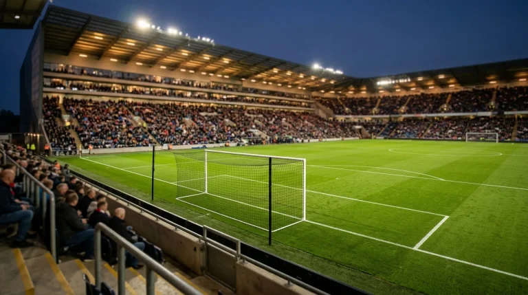 Fotballstadion med grønt gress og målnett sett fra tribunen under en kveldskamp