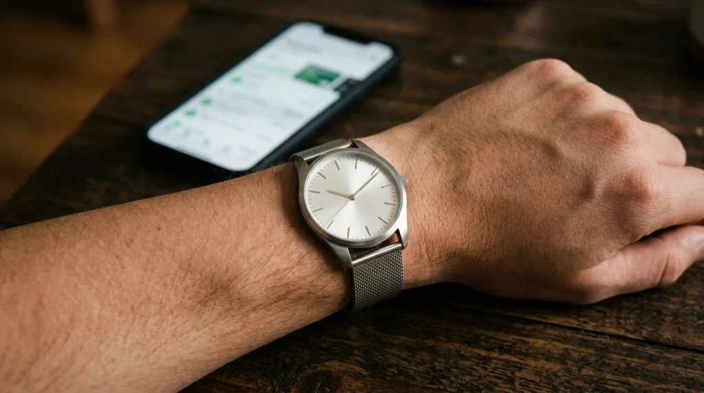 Armbåndsklokke på et håndledd ved siden av en smarttelefon som viser en transaksjonsoversikt