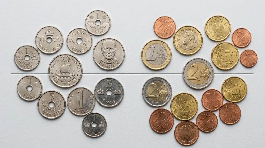 Norske og europeiske sedler liggende ved siden av hverandre på en flat overflate
